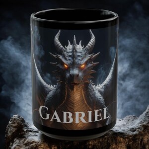 Personalized Black Dragon Mug 15oz | Custom Name Dark Fantasy Coffee Cup