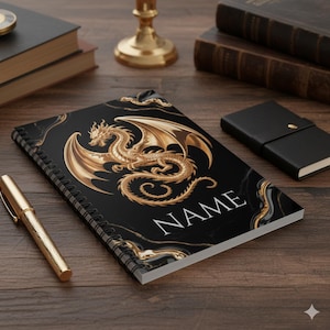 Gold Winged Dragon Personalized Notebook - Black Marble Custom Journal
