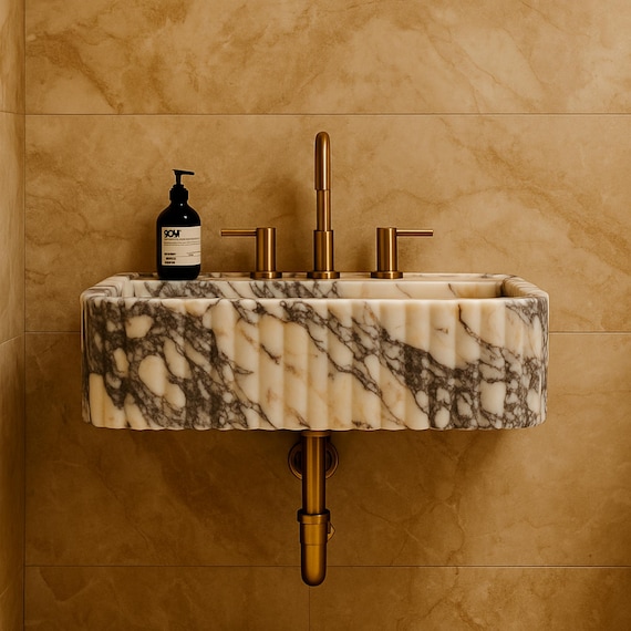 Lavabo en marbre Calacatta Viola - Lavabo mural fait main - Lavabo de salle de bain en marbre Calacatta Viola - Lavabo en marbre violet sur mesure