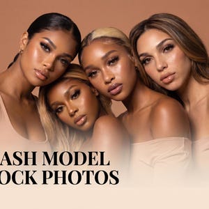 May include: Four individuals with diverse skin tones and styled hair posing together against a solid tan background. The image features the black text 6 LASH MODEL STOCK PHOTOS. Each individual has defined eyelashes and a natural makeup look.