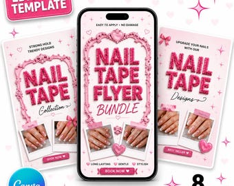 Nail Tape Flyer Bundle Canva Template | 8 Editable Nail Tech Flyers | Pink Beauty Flyer | Nail Business Marketing Kit | Instant Download