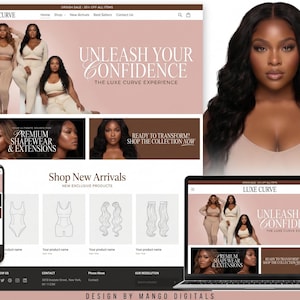 May include: A website design for Luxe Curve, showcasing shapewear and extensions, with the tagline "Unleash Your Confidence." The design features a model with long, wavy black hair. The website is displayed on a phone and laptop.