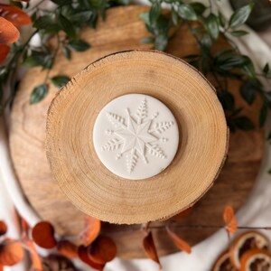 May include: A white, circular snowflake design is centered on a wooden slice. The snowflake has a detailed, embossed pattern. The wood slice is light brown and sits on a white surface, surrounded by greenery and dried orange slices.