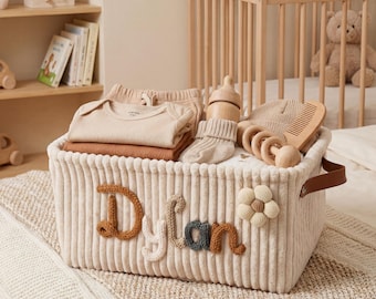 Cesta de almacenamiento para bebé con bordado personalizado - Caja de juguetes con nombre bordado a medida - Regalo para baby shower, arte de alambre tejido, regalos para futuras mamás