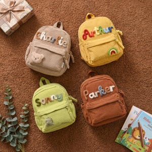 Zaino personalizzato in velluto a coste per bambini, borsa scolastica con nome personalizzato, ideale per asilo, campi estivi, viaggi e pigiama party, regalo per baby shower.