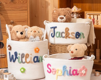 Personalized Baby Basket, Custom Name Woven Cotton Nursery Storage