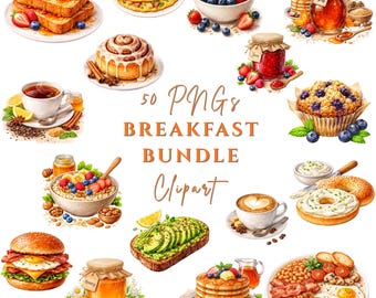 Breakfast Clipart Bundle PNG, 50 Food Elements, Coffee Tea Pancakes Eggs Fruits, Watercolor Food Clipart, Brunch Clipart,Restaurant Menu PNG