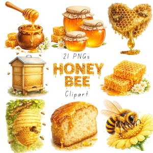 Puede incluir: Ilustración digital con elementos relacionados con la miel. Incluye un cucharón de miel, una olla de miel, tarros de miel, panal, una colmena y una abeja en una flor. También está presente el texto "HONEY BEE CLIPART".
