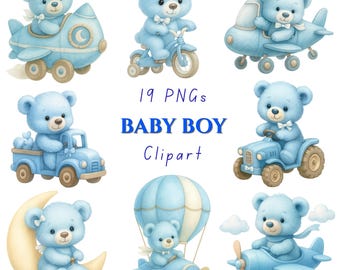 Blauwe teddybeer baby shower clipartbundel | Schattige aquarel babyjongenillustraties voor uitnodigingen, kinderkamerdecoratie en knutselen