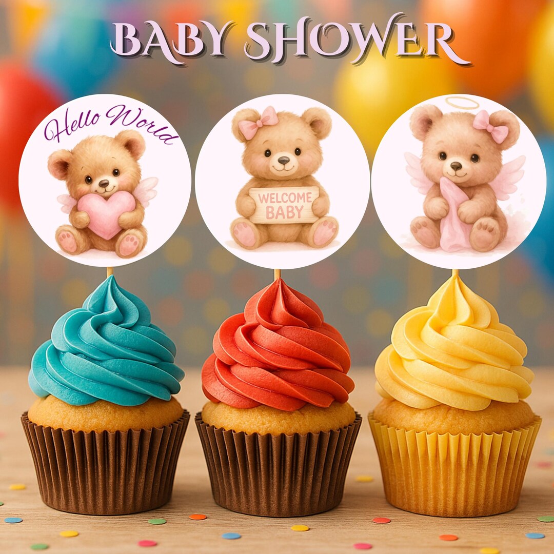 Baby Girl Cupcake Toppers | Pink Teddy Bear Baby Shower Decorations ...