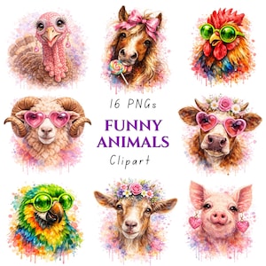 May include: Watercolor illustrations of various animals, including a turkey, horse, rooster, ram, cow, parrot, goat, and pig. Each animal is adorned with accessories like sunglasses, earrings, or a flower crown. The text "16 PNGs FUNNY ANIMALS Clipart" is also present.