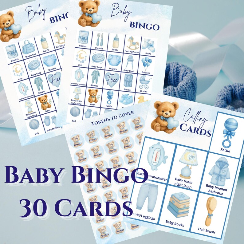 Baby Boy Bingo Game Printable | 30 Pre-filled Cards | Blue Watercolor ...