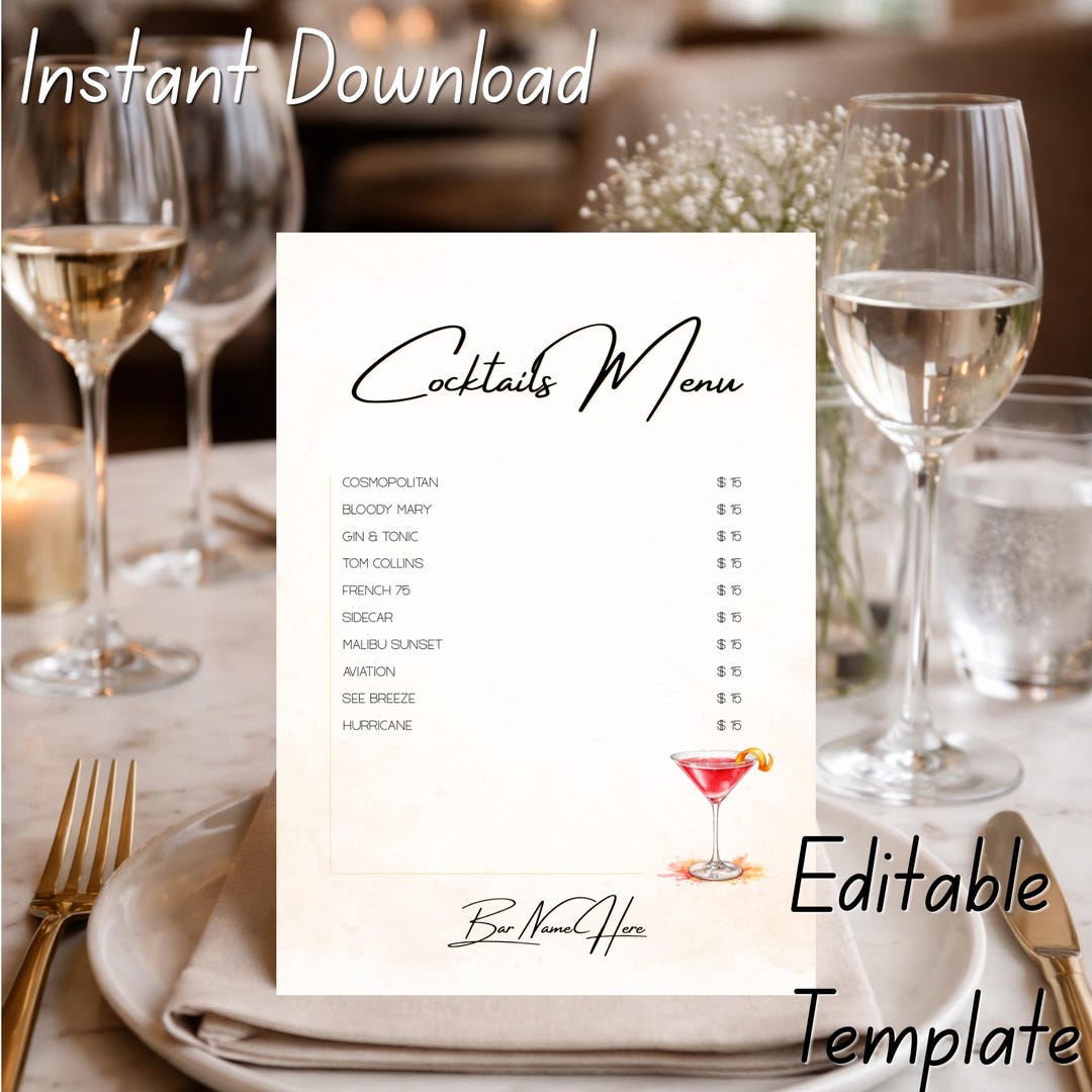Editable Cocktail Menu Template Canva, Bar Menu, Wedding Drink Menu ...