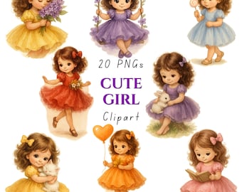 Cute Girl Clipart Bundle | 20 Cartoon Girl PNG | Watercolor Vintage Girls | Fluffy Dress Clipart | Kids Illustration Set