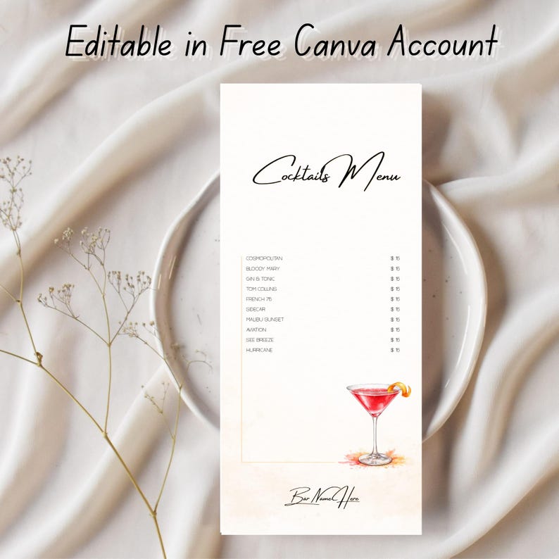Editable Cocktail Menu Template Canva, Bar Menu, Wedding Drink Menu ...