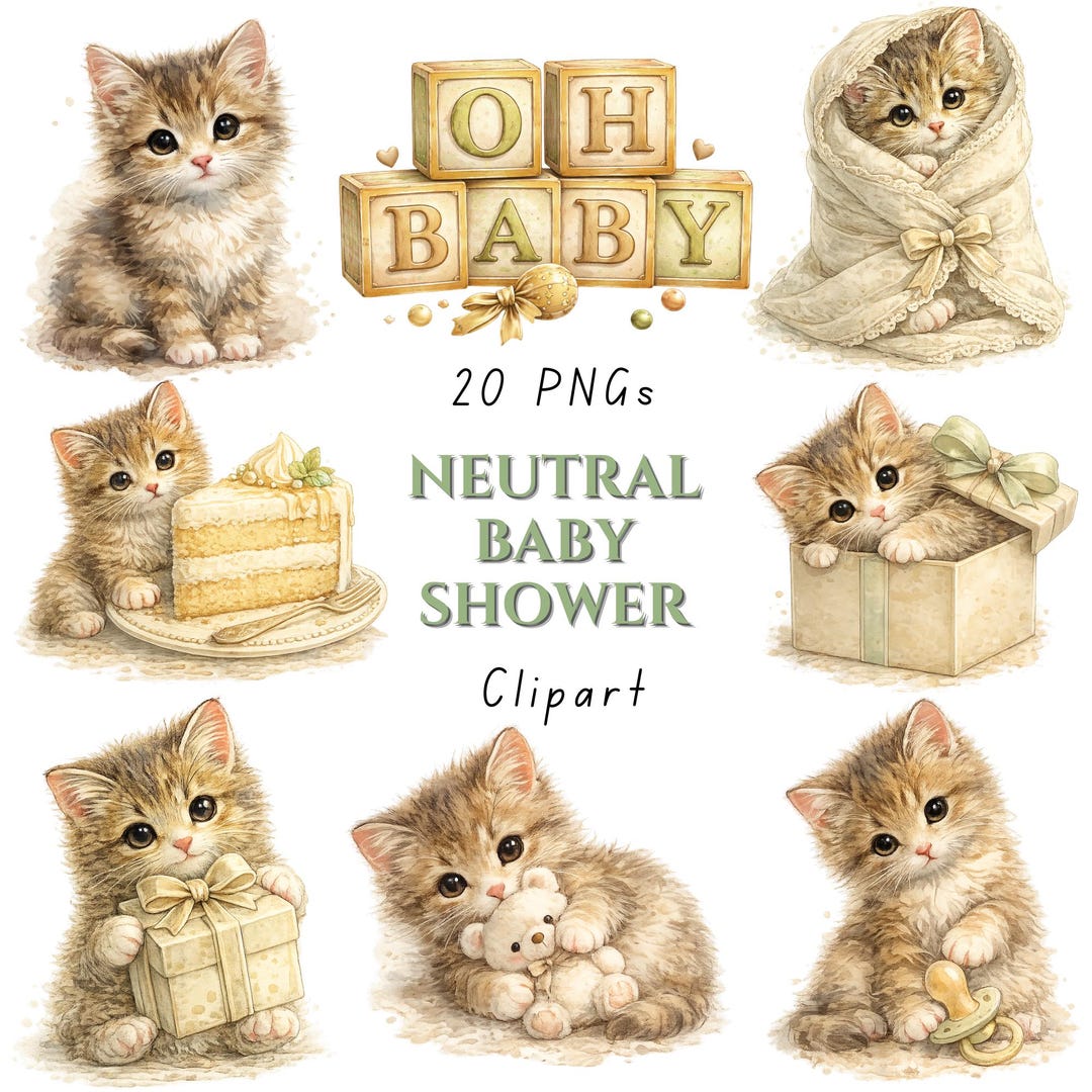 Watercolor Kitten Baby Shower Clipart | Gender Neutral PNG Set - Etsy