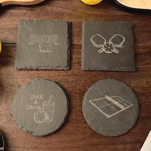 Engraved Slate Pickleball Coasters - Hosting or Gift, Set of 4