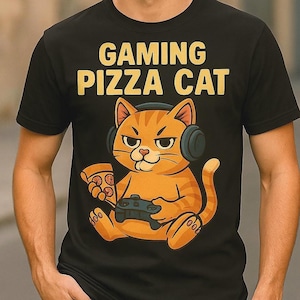 Gaming Pizza Cat T-Shirt – Funny Gamer Kitty Tee with Controller and Slice – Cute Nerdy Cat Lover Gift – Pizza and Video Game Shirt