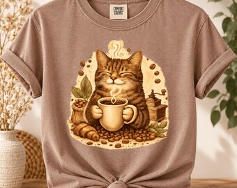 May include: A light brown short-sleeve t-shirt with a graphic print of a tabby cat holding a steaming mug of coffee. The design includes coffee beans, a croissant, and a coffee grinder. The shirt features a Comfort Colors brand label.