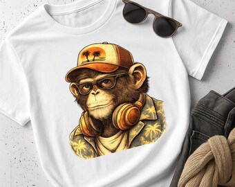 May include: White t-shirt featuring a cartoon illustration of a monkey wearing a cap, glasses, and headphones. The monkey is also wearing a Hawaiian shirt. Sunglasses are placed on the top right of the shirt.