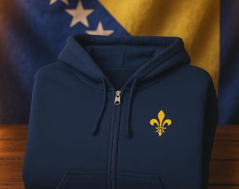 Sudadera unisex con cremallera completa Bosanski Ljiljan, Sudadera Balkan Fashion Lilies, Chaqueta para fans de Bosnia, Regalo bosnio, Ropa con orgullo bosnio