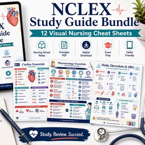 Paquete de hojas de referencia rápida para enfermería, 12 guías de estudio visuales para el examen NCLEX para estudiantes de enfermería, PDF imprimible, notas de repaso para el examen RN y guía de referencia rápida.