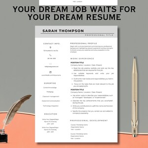 May include: A professional resume template with the text "YOUR DREAM JOB WAITS FOR YOUR DREAM RESUME" at the top. The resume includes sections for contact info, professional profile, work experience, and education. A pen and inkwell with a feather are on the left.