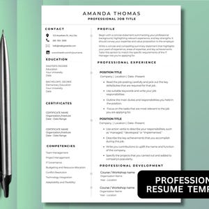 May include: A professional resume template with a minimalist design. The document features sections for contact information, education, certificates, competencies, and professional experience. The text "PROFESSIONAL RESUME TEMPLATE" is displayed in a black rectangle. A silver pen is on the left.