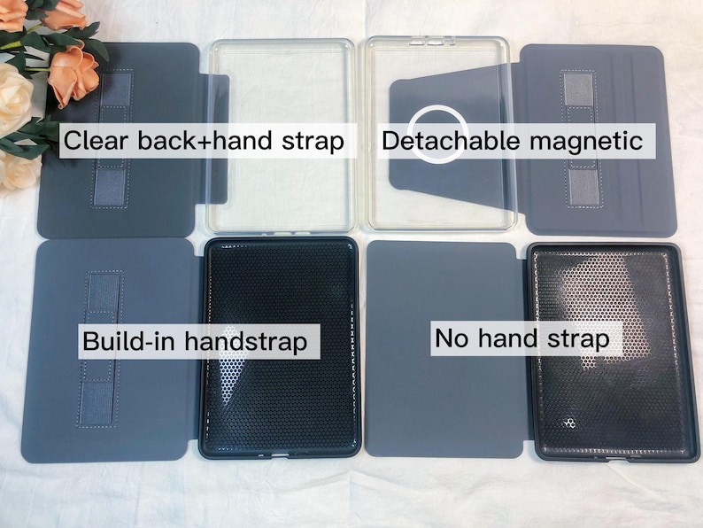 Pode incluir: Uma variedade de capas para tablets em v&aacute;rios designs. Inclui parte traseira transparente com al&ccedil;a de m&atilde;o, magn&eacute;tico remov&iacute;vel, al&ccedil;a de m&atilde;o embutida e sem al&ccedil;a de m&atilde;o. As capas s&atilde;o em tons de cinza e preto.