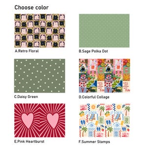 Puede incluir: Una cuadr&iacute;cula de seis patrones distintos titulada Choose color: A. Retro Floral con flores rosas y azul oscuro, B. Sage Polka Dot, C. Daisy Green con peque&ntilde;as flores blancas, D. Colorful Collage, E. Pink Heartburst y F. Summer Stamps con iconos de playa.