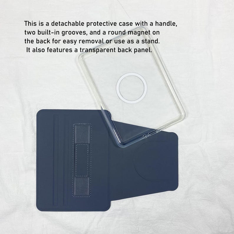 Puede incluir: Una funda protectora desmontable de color azul marino con un asa y dos ranuras integradas, junto a un panel trasero transparente con un im&aacute;n redondo central. El texto dice: This is a detachable protective case with a handle, two built-in grooves, and a round magnet on the back for easy removal or use as a stand. It also features a transparent back panel.
