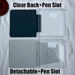 Puede incluir: Dos fundas para tableta con parte trasera transparente y ranura para l&aacute;piz. La funda superior es azul oscuro con tapa s&oacute;lida y trasera transparente. La inferior es gris claro con tapa desmontable, recorte circular y trasera transparente. Texto: Clear Back+Pen Slot y Detachable+Pen Slot.