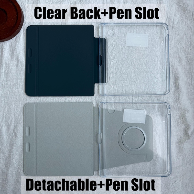 Puede incluir: Dos fundas para tableta con parte trasera transparente y ranura para l&aacute;piz. La funda superior es azul oscuro con tapa s&oacute;lida y trasera transparente. La inferior es gris claro con tapa desmontable, recorte circular y trasera transparente. Texto: Clear Back+Pen Slot y Detachable+Pen Slot.