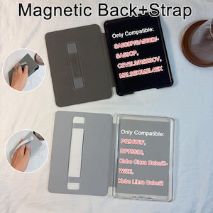 May include: Two magnetic e-reader cases with hand straps. The top case is dark gray with text listing compatibility for SA569P, SA568B, SA59CP, C2V2L3, RS23CV, M2L3EK, M2L4EK. The bottom case is light gray with text for PQ94WIF, DP75SDI, Kobo Clara Color, and Kobo Libra Color.