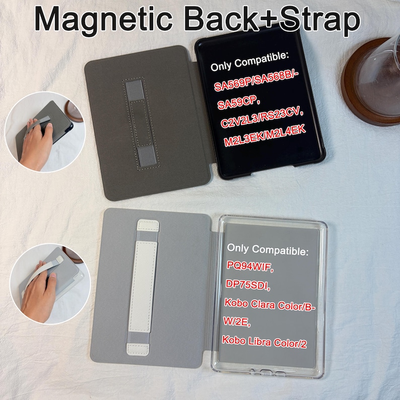 May include: Two magnetic e-reader cases with hand straps. The top case is dark gray with text listing compatibility for SA569P, SA568B, SA59CP, C2V2L3, RS23CV, M2L3EK, M2L4EK. The bottom case is light gray with text for PQ94WIF, DP75SDI, Kobo Clara Color, and Kobo Libra Color.