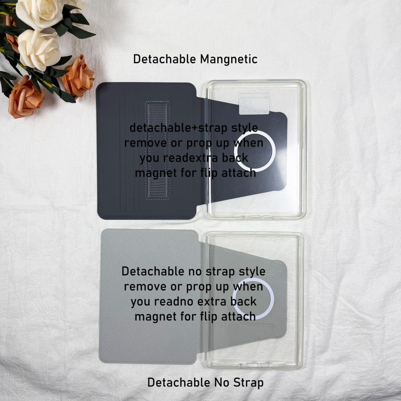 Puede incluir: Dos fundas rectangulares para tel&eacute;fono con cubiertas magn&eacute;ticas abatibles. La funda superior es gris oscuro con una correa y el texto Detachable Mangnetic, detachable+strap style remove or prop up when you readextra back magnet for flip attach. La funda inferior es gris claro con el texto Detachable no strap style remove or prop up when you readno extra back magnet for flip attach, Detachable No Strap.