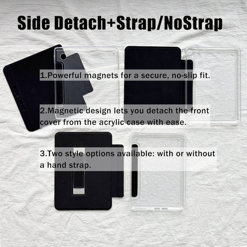 Puede incluir: Un conjunto de funda modular para tableta con una carcasa de acr&iacute;lico transparente y una cubierta magn&eacute;tica negra desmontable. El texto dice: Side Detach+Strap/NoStrap, 1.Powerful magnets for a secure, no-slip fit, 2.Magnetic design lets you detach the front cover from the acrylic case with ease, 3.Two style options available: with or without a hand strap.