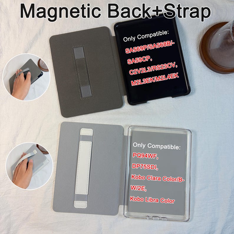 May include: Two e-reader cases with magnetic backs and hand straps. The top case is dark gray with text listing compatibility for SA569P, SA568B, SA59CP, C2V2L3, RS23CV, M2L3EK, M2L4EK. The bottom case is light gray with text for PQ94WF, DP75SDI, Kobo Clara Color, B-W/2E, and Kobo Libra Color.