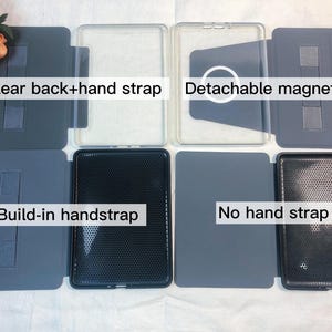 Puede incluir: Cuatro fundas para tableta dispuestas en cuadr&iacute;cula. Arriba a la izquierda, parte trasera transparente con correa de mano. Arriba a la derecha, dise&ntilde;o magn&eacute;tico desmontable. Abajo a la izquierda, correa integrada. Abajo a la derecha, funda sin correa con interior texturizado.