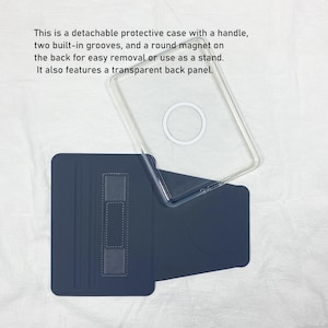 Pode incluir: Capa protetora remov&iacute;vel com al&ccedil;a, ranhuras embutidas e um &iacute;m&atilde; redondo para f&aacute;cil remo&ccedil;&atilde;o ou uso como suporte. Possui um painel traseiro transparente. O texto na imagem diz: Esta &eacute; uma capa protetora remov&iacute;vel com uma al&ccedil;a, duas ranhuras embutidas e um &iacute;m&atilde; redondo na parte traseira para f&aacute;cil remo&ccedil;&atilde;o ou uso como suporte. Ele tamb&eacute;m possui um painel traseiro transparente.