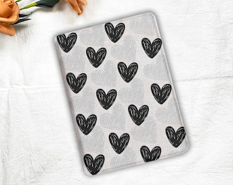 Black Heart Kindle Case & Kobo Cover, Detachable Magnetic Flip, Clear Back Shell, Minimalist Ereader Case with Strap Auto Sleep