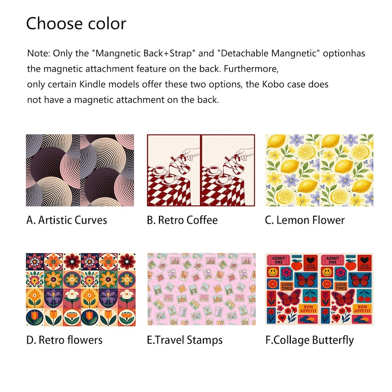 May include: A color selection chart for e-reader cases featuring six patterns: A. Artistic Curves, B. Retro Coffee, C. Lemon Flower, D. Retro flowers, E. Travel Stamps, and F. Collage Butterfly, with text notes regarding magnetic features.