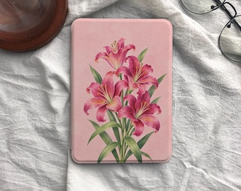 Pink Lily Floral Kindle Cover with Magnetic Detachable Back, Custom Name, Paperwhite 12th 7",Kindle 11th 6", Colorsoft 2024, Kobo Clara Case
