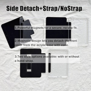 May include: A tablet case set featuring a clear acrylic shell and a detachable black magnetic front cover. The text reads: Side Detach+Strap/NoStrap, 1.Powerful magnets for a secure, no-slip fit. 2.Magnetic design lets you detach the front cover from the acrylic case with ease. 3.Two style options available: with or without a hand strap.