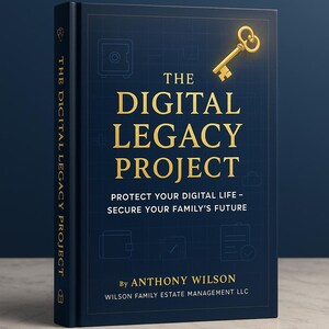 May include: A navy blue hardcover book titled "The Digital Legacy Project" with gold lettering and illustrations. The cover features a gold key and icons. The book's spine reads "The Digital Legacy Project".
