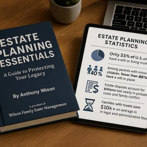以下が含まれることがあります： 「ESTATE PLANNING ESSENTIALS」というタイトルの濃い青色の本と、遺産計画の統計を表示するタブレット。本の表紙には著者、アンソニー・ウィルソンの名前が記載されています。タブレットには円グラフやその他の財務データが表示されています。