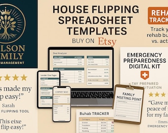 Puede incluir: Imagen de un portátil, una tableta y un smartphone que muestran plantillas de hojas de cálculo para la renovación de casas. El texto incluye "House Flipping Spreadsheet Templates" y "Buy on Etsy". También se muestra un "Rehab Tracker" y un "Emergency Preparedness Digital Kit".