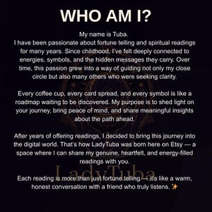 Puede incluir: Fondo oscuro con texto blanco. El texto dice "&iquest;QUI&Eacute;N SOY?" y describe la pasi&oacute;n de Tuba por la adivinaci&oacute;n y las lecturas espirituales. Tambi&eacute;n menciona a LadyTuba en Etsy.