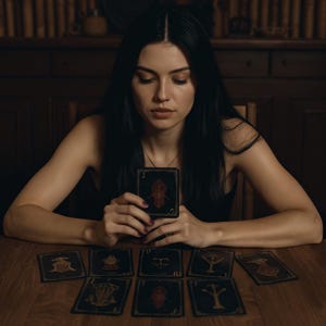 Puede incluir: Una persona sostiene una carta del tarot con una ilustraci&oacute;n de un insecto rojo, rodeada de otras cartas del tarot sobre una mesa de madera. Las cartas tienen dise&ntilde;os dorados y rojos sobre un fondo negro. La escena est&aacute; tenuemente iluminada.