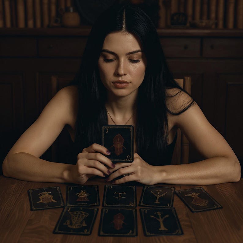 Puede incluir: Una persona sostiene una carta del tarot con una ilustraci&oacute;n de un insecto rojo, rodeada de otras cartas del tarot sobre una mesa de madera. Las cartas tienen dise&ntilde;os dorados y rojos sobre un fondo negro. La escena est&aacute; tenuemente iluminada.